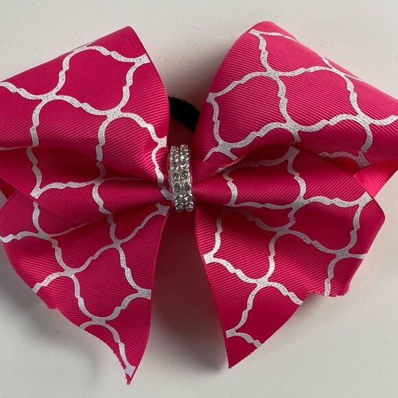 Cheerleader Pink and White Cheer Bow Rhinestone Center on Ponytail Holder - Picture 3 of 9